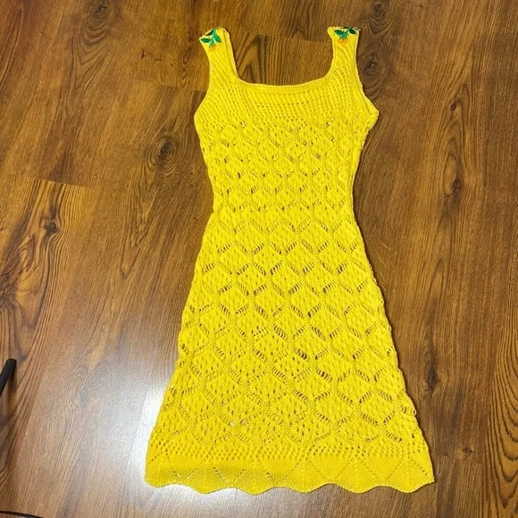 🌷 Crochet Knit Floral Embroidery Dress 🌷 Vibrant Yellow - Picture 8 of 14